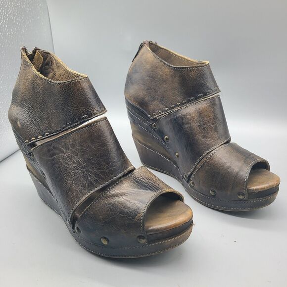 Bed Stu Open Toes shoes brown distressed leather Booties wedge back zip Sz 8 - Picture 2 of 9